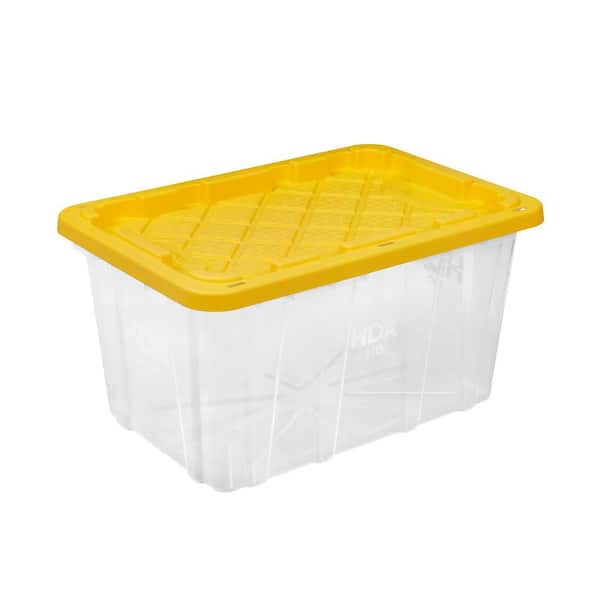 27 Gal. Tough Storage Tote in Clear with Yellow Lid (206231) 27 Gal. Tough Storage Tote in Clear with Yellow Lid (206231)